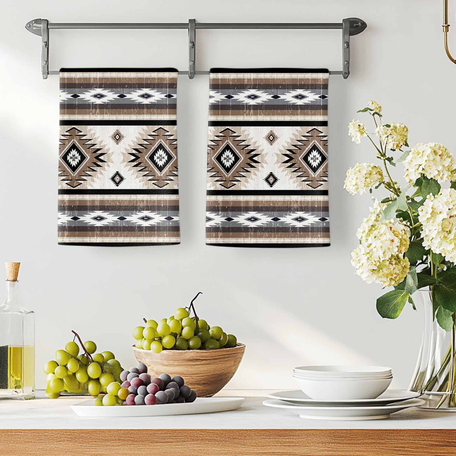 Dish Towels, Brown Grey Boho Aztec Absorbent Kitchen Towels 2 PCS, Southwest Tribal Geometric Microfiber Hand Towels Dish Cloths Tea Towels for Home&nbsp;Bathroom Cleaning Drying,18X28-Inch,