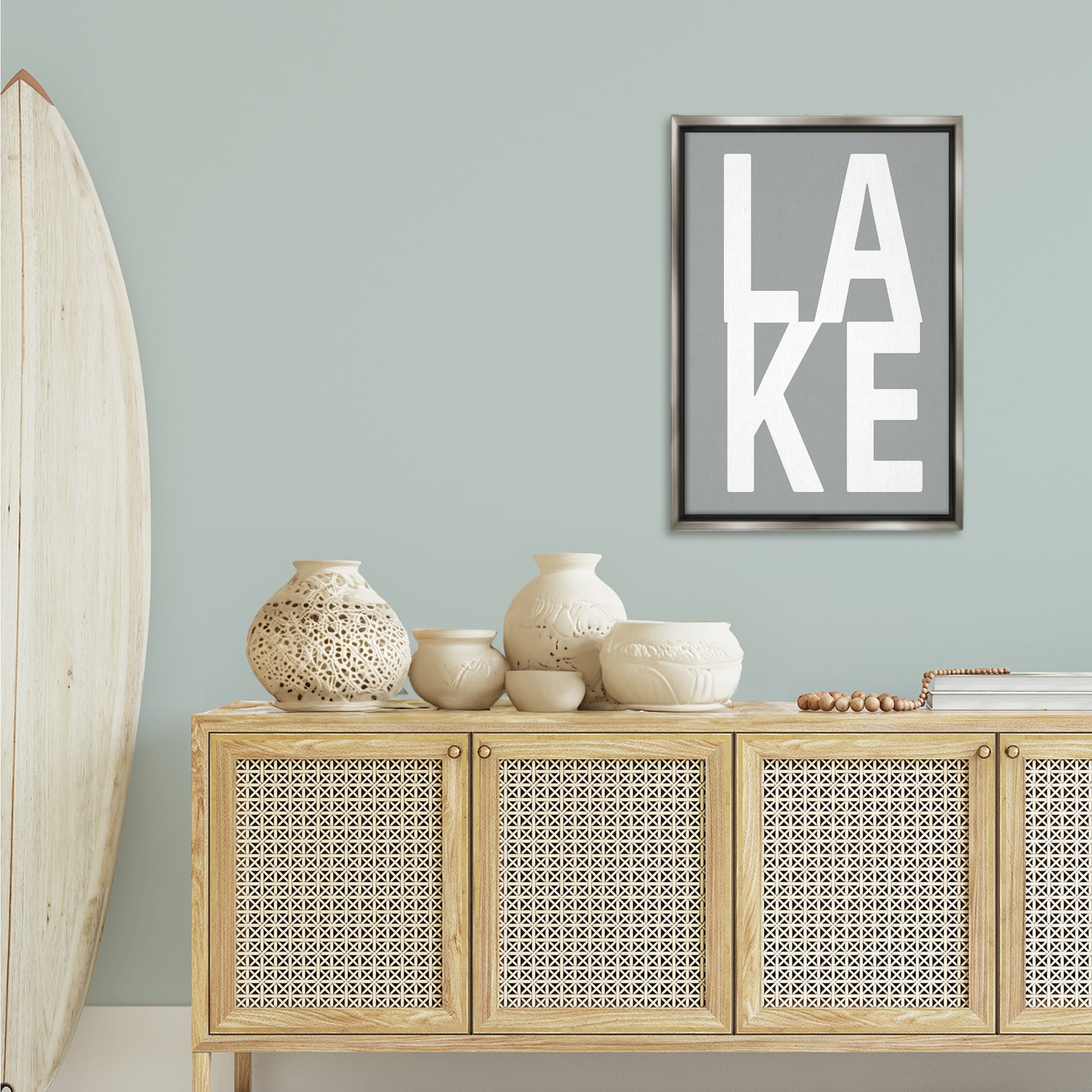 Stupell Industries Lake Word on Grey Typography Painting Gray Floater Framed Art Print Wall Art, 21 x 31