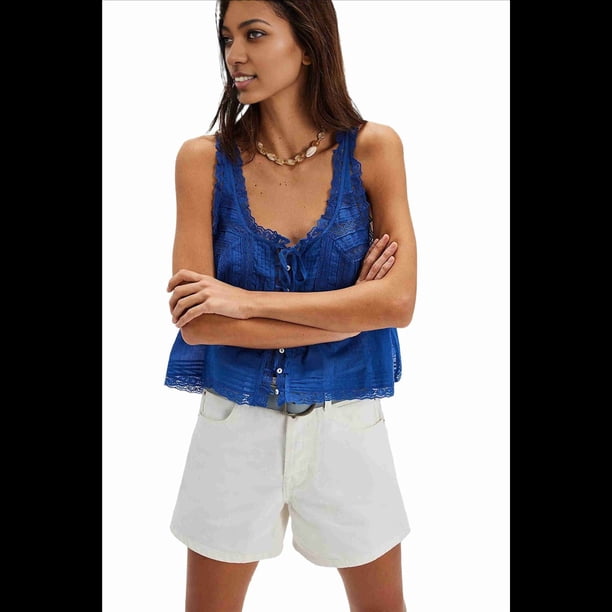 Blusas de Verano Bohemias con Lazo Frontal para Mujer, Blusas Playeras de Encaje con Botones, Sin Mangas, de de , Y2k 2025, Azul L
