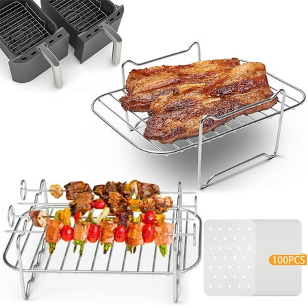 

Lieonvis Air Fryer Rack Air Fryer Accessories Air Fryer Rack Set of 2 with 4 Barbecue Sticks and 100 Baking Papers for 3.7QT to 4.2QT Dual Basket Air fryer