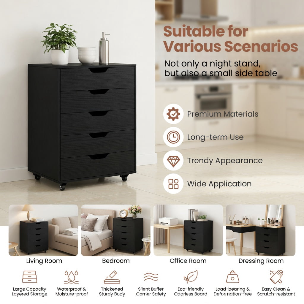 Demi Bonn 5 Drawer Mobile Lateral Filing Cabinet Storage Home Office Floor Cabinet with 4 Wheels, Black