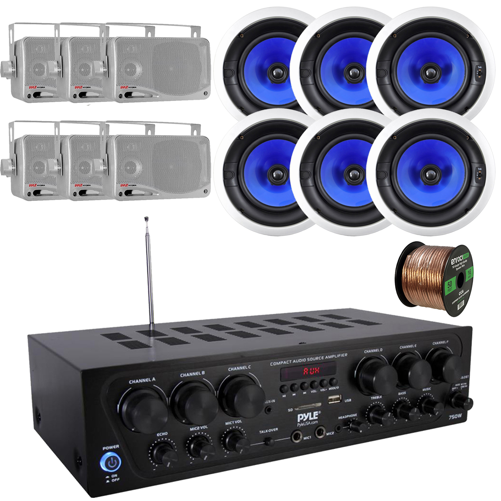 Pyle 6-Channel 750W Bluetooth USB AUX FM Stereo Amplifier Receiver System Bundle Combo with 6x 8" 2-Way Full Range In-Ceiling Stereo Speakers, 6x 3.5'' 3-Way Silver Mini Box Speakers, Speaker Wire - image 1 of 5