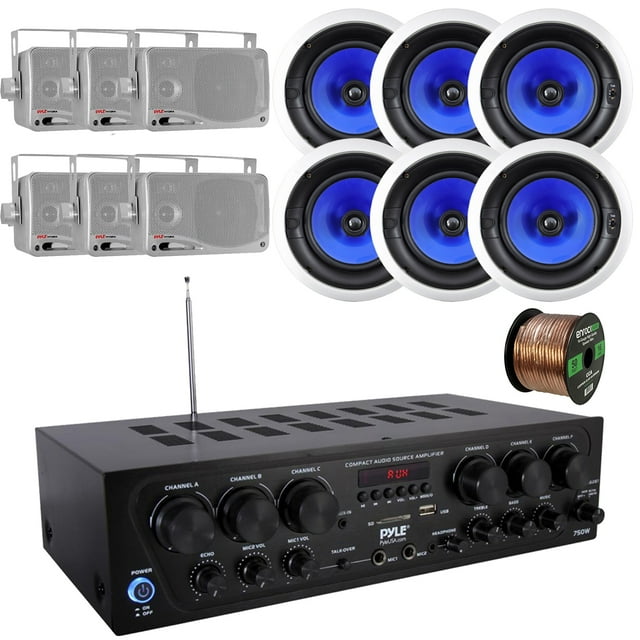 Pyle 6-Channel 750W Bluetooth USB AUX FM Stereo Amplifier Receiver System Bundle Combo with 6x 8" 2-Way Full Range In-Ceiling Stereo Speakers, 6x 3.5'' 3-Way Silver Mini Box Speakers, Speaker Wire