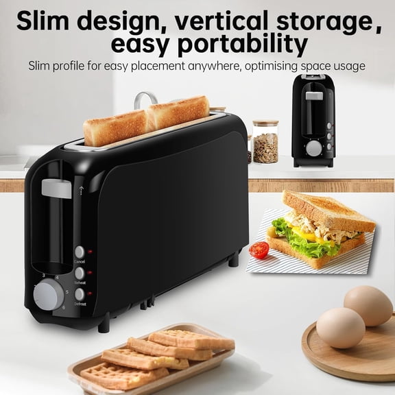 Slim 2-Slice Toaster, 10" Long Slot,6 Shade Settings with Cancel, Reheat & Defrost, Auto Shut off, Removable Crumb Tray,Black