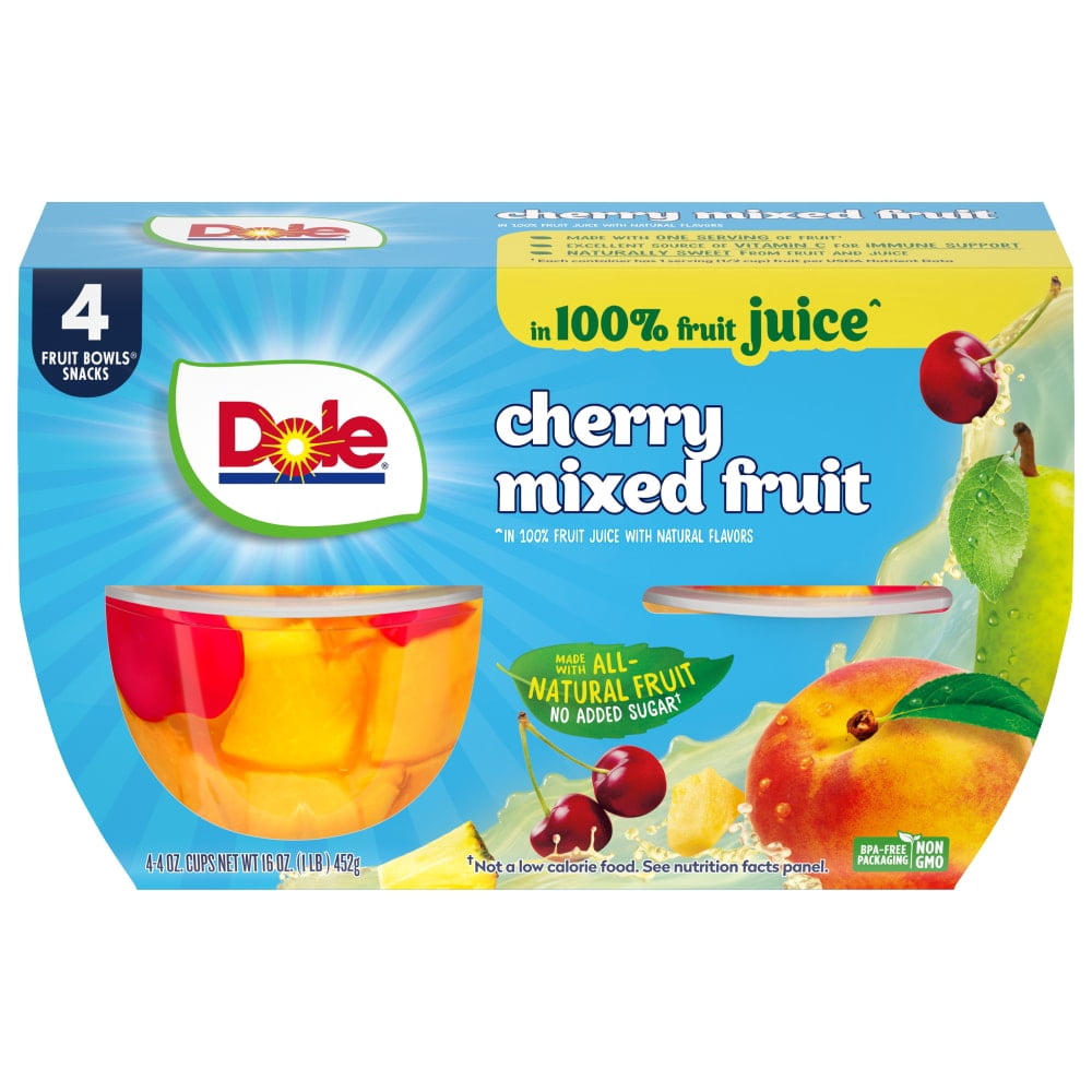 Dole Fruit Bowls Cherry Mixed Fruit In 100% Juice Cups 4 ct / 4 oz - 3 Pack