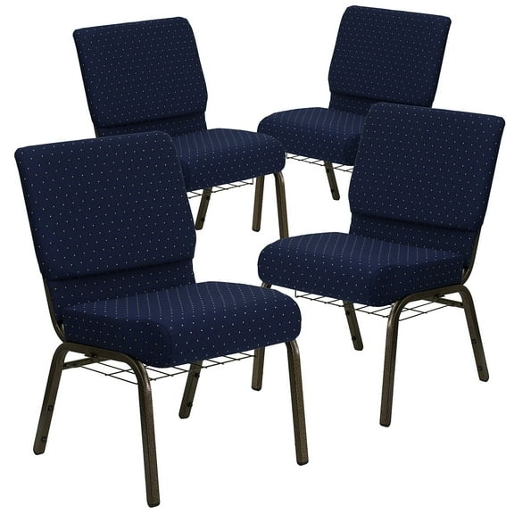 Flash Furniture 4 Pack 21''W Church Chair in Navy Blue Dot Patterned Fabric with Book Rack - Gold Vein Frame