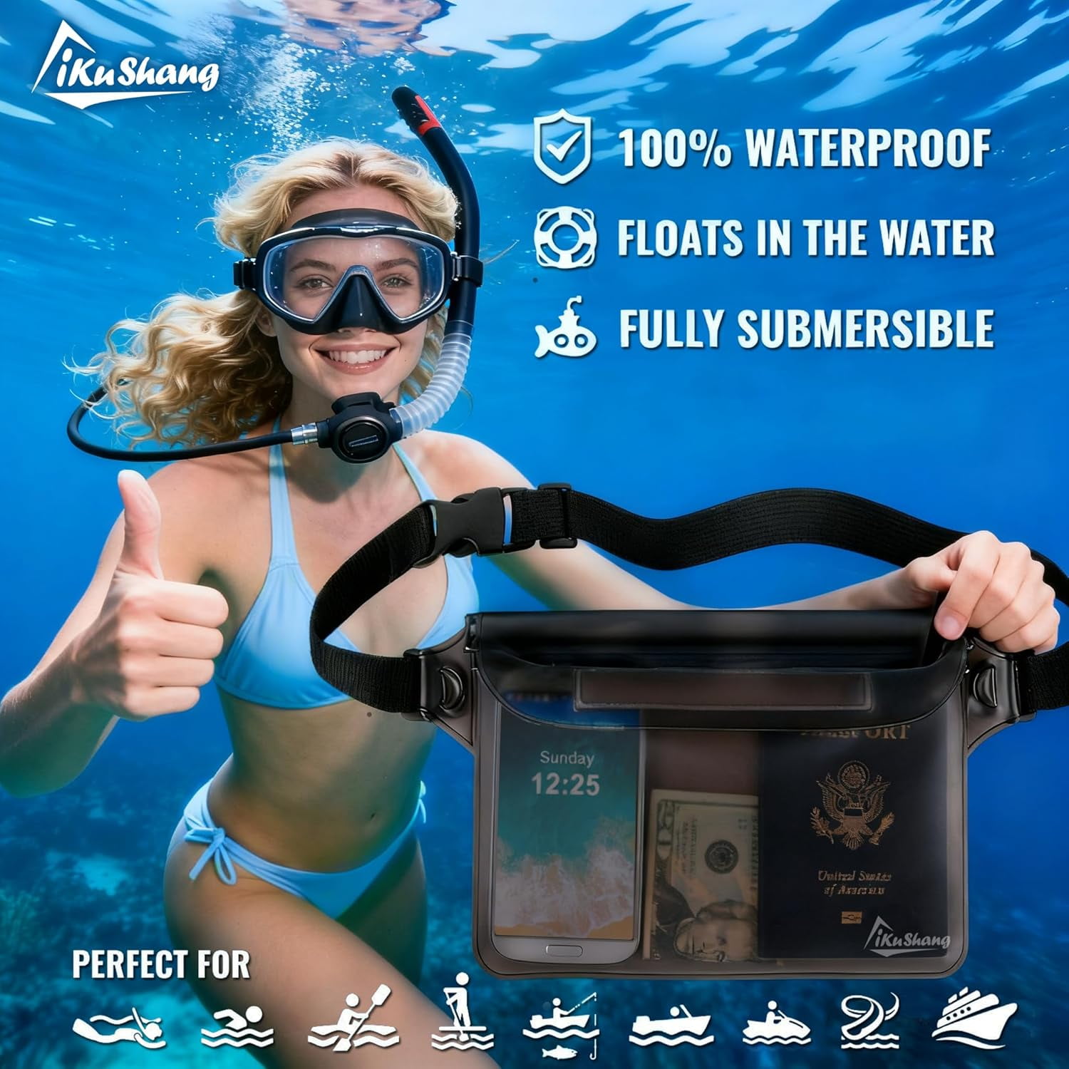 Waterproof Fanny Pack Phone Pouch - 32FT Submersible Triple Zip Lock Dry Bag, Touchscreen Passport Wallet Travel for Beach Cruise Swimming Kayaking Boating Essentials
