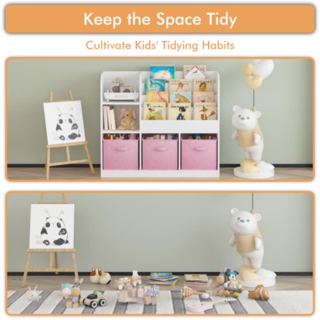 Kids Bookcase and Bookshelf, Multifunctional Children's Bookcase with 3 Collapsible Fabric Drawers, Book Display Stand & Toy Storage Organizer for Bedroom, Playroom & Hallway, White/Pink