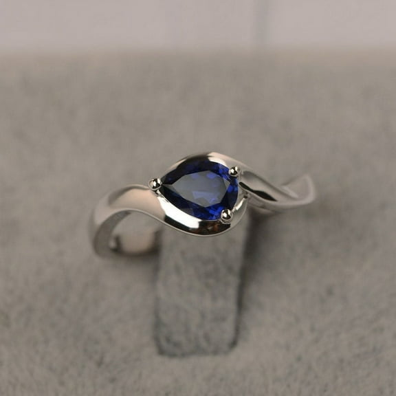 Blue Sapphire Engagement Ring September Birthstone Pear Cut 925 Sterling Silver Solitaire Ring For Women
