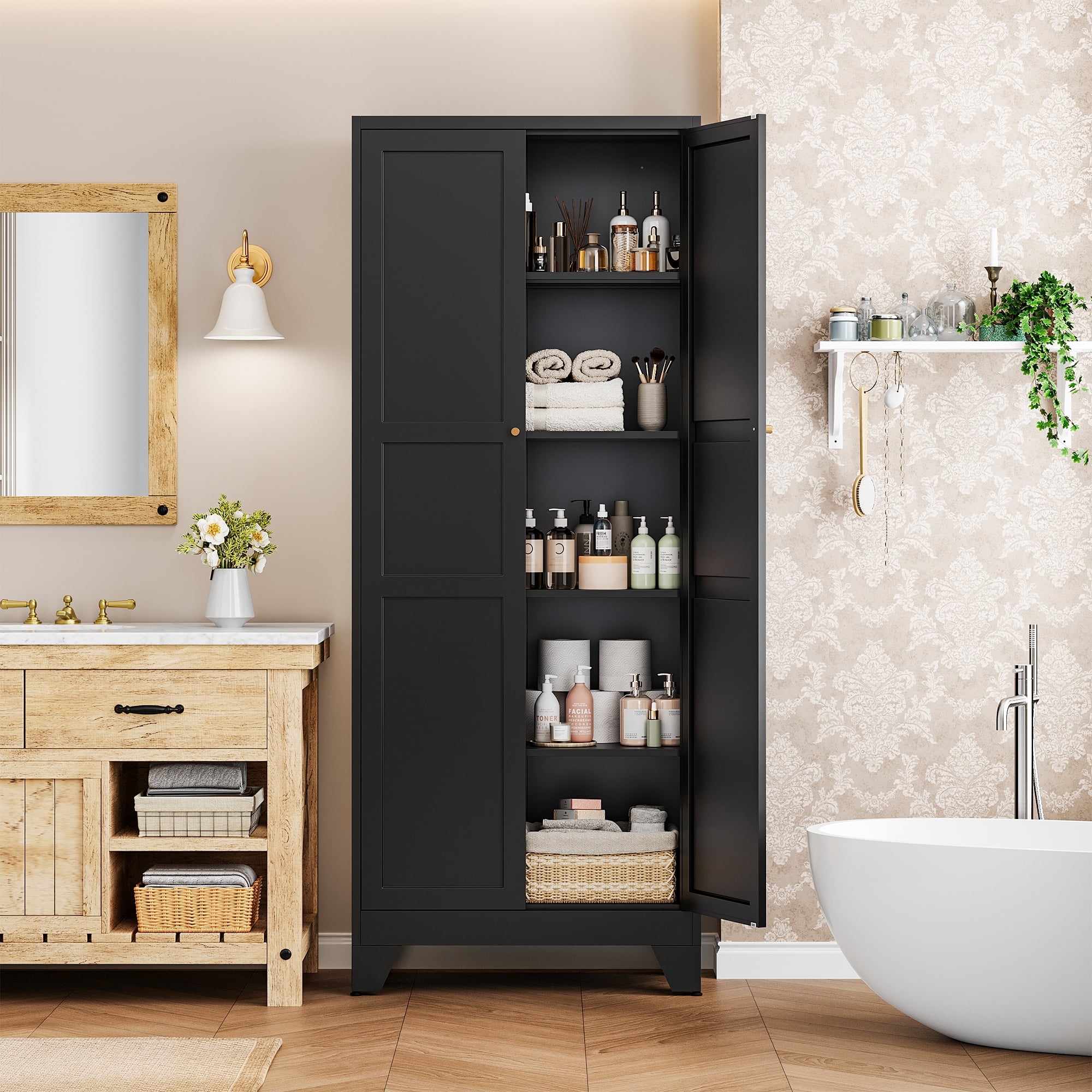 STANI 75"H Freestanding Storage Cabinet with 4 Adjustable Shelves and Legs, Metal/Alloy Steel, for Cupboard/Dining Room/Bathroom/Living Room/Office/Laundry Room (Black, 75"H)