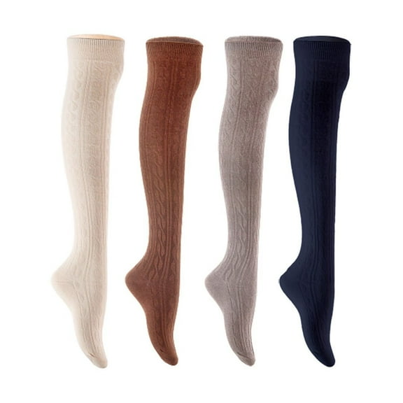 Lian LifeStyle Women's 4 Pair Adorable Comfortable Soft Thigh High Over Knee High Cotton Socks Size 6-9 L1024 Cream,Coffee,Dark Grey,Navy