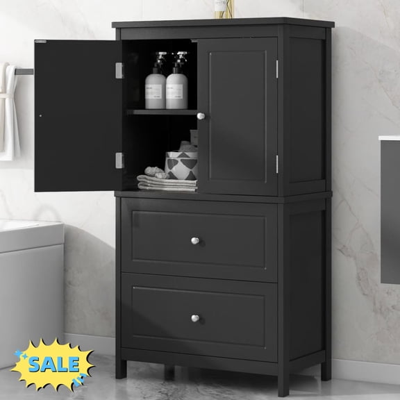 Tcbosik Modern Storage Cabinet, Freestanding Bathroom Cabinet with Adjustable Shelf, Floor Cabinet with 2 Doors and 2 Drawers for Living Room, Kitchen, Entryway, Black