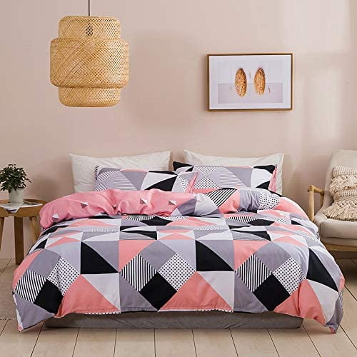 Pink & Grey Abstract Diamond Pattern Single Duvet Quilt Cover Bedding Set Cream 