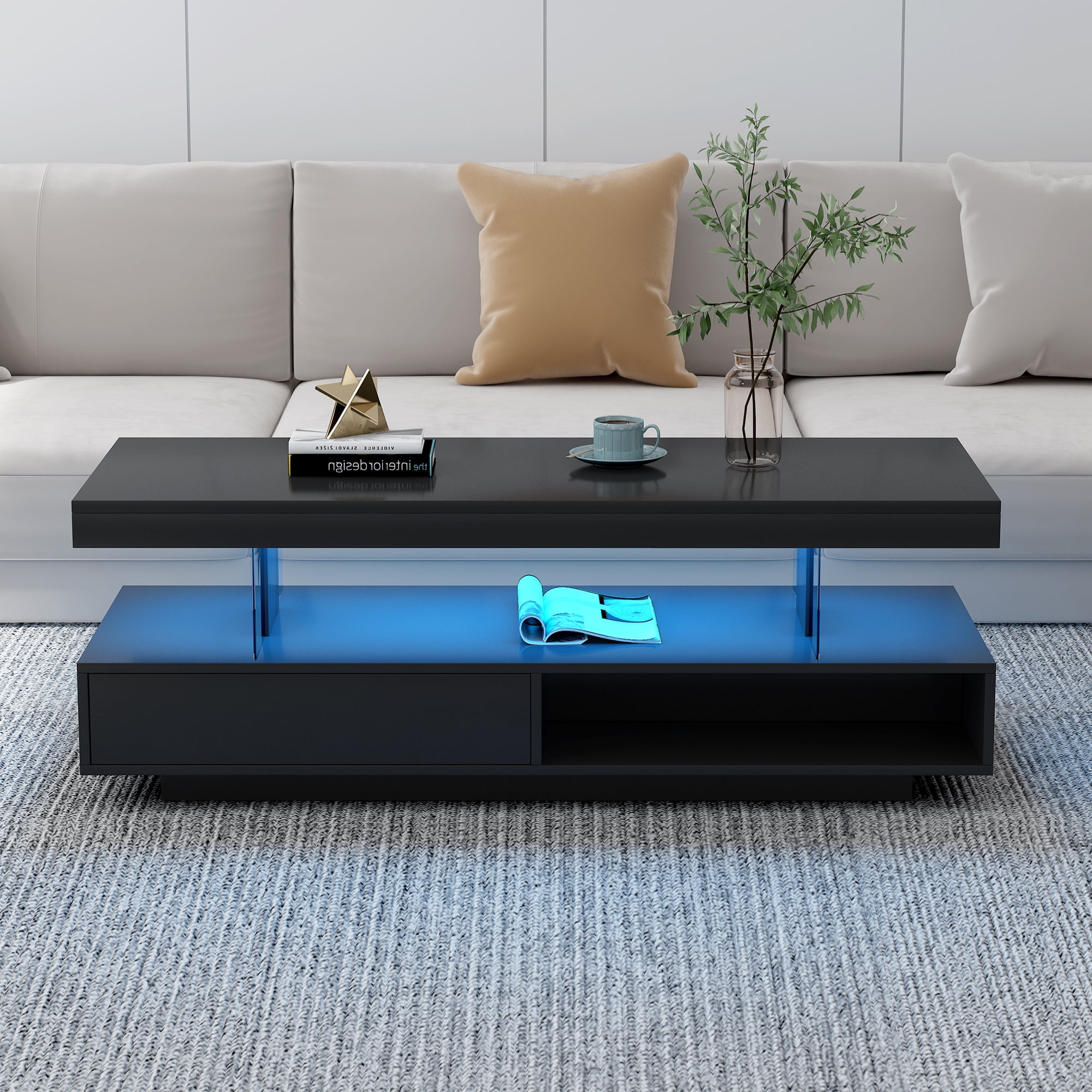 Euroco LED Coffee Table with Storage and Display Shelves, Modern Black Center Table with 2 Drawers and 16-Color LED Lights for Living Room