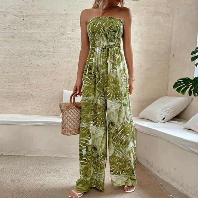 Combinaison Plissée Décontractée pour Femmes, Dos Nu, Imprimé Feuille, Style Aguichant, Ajustée, Tenue Quotidienne