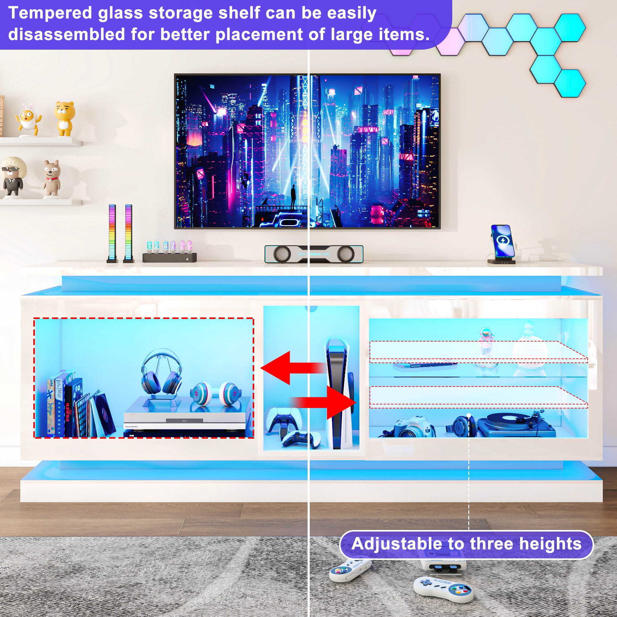 ChVans 80 Inch LED TV Stand with Charging Station,Modern Entertainment Center High Gloss Large TV Stand with Adjustable Shelves,Gaming TV Console for 80/85/90 Inch TVs,White