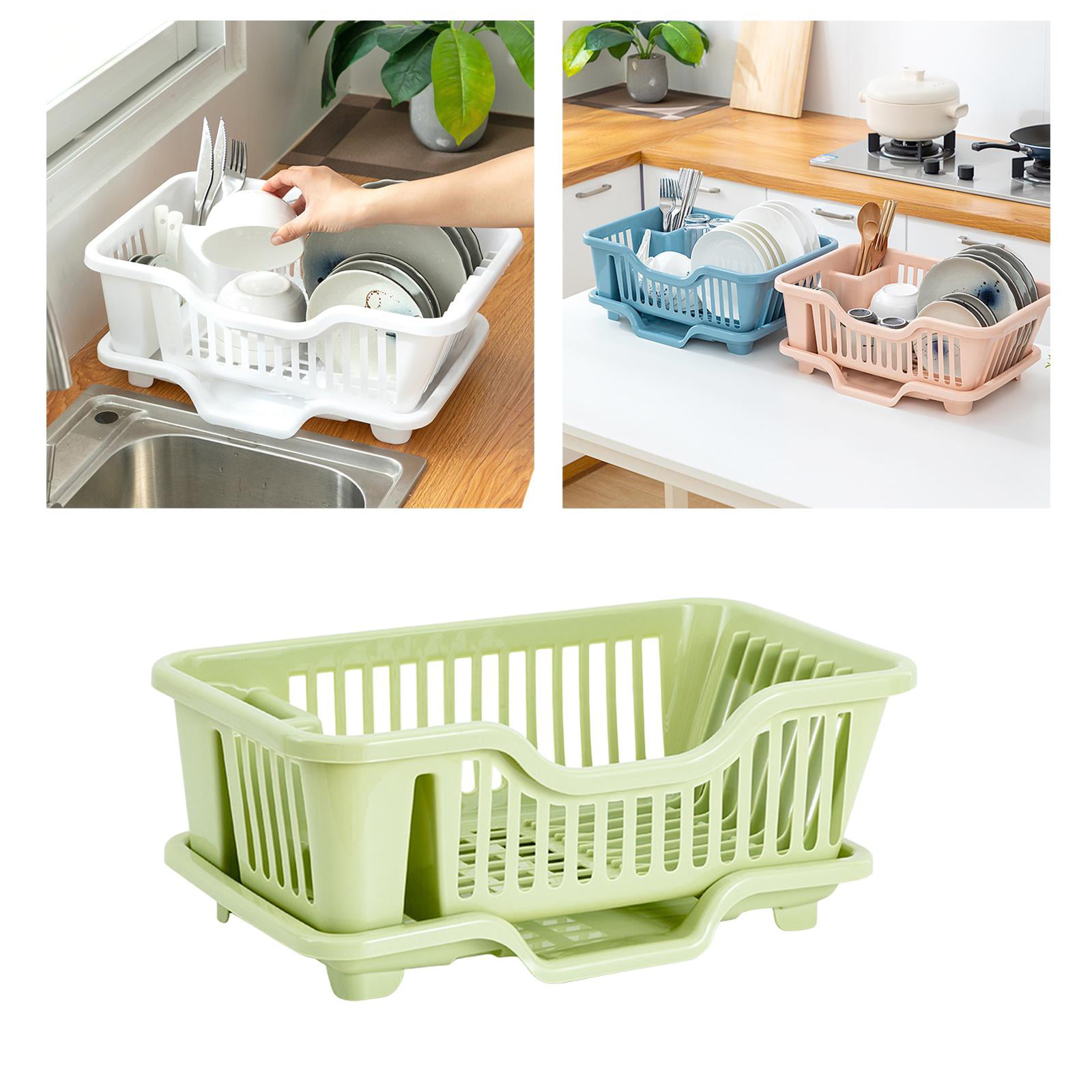Sarvatr Green Color Polypropylene 3in1 Dish Drainer Rack Kitchen Utensils  Organizer Drying Basket,utensil basket for kitchen with Drain Tray -  Sarvatr Store