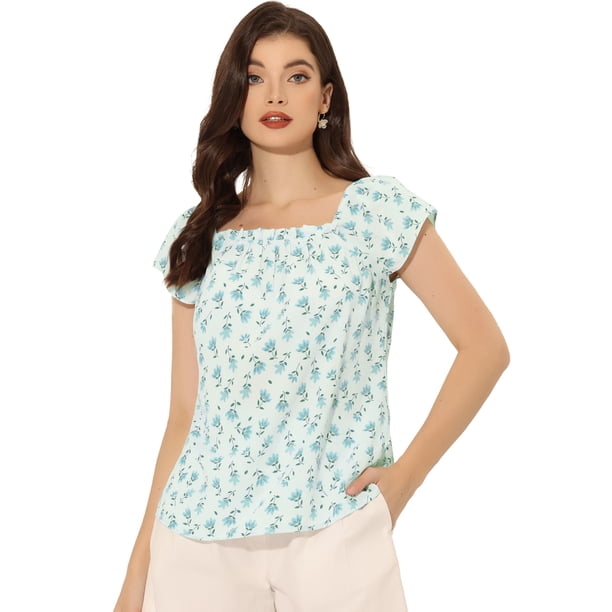 Top de manga corta con estampado floral de verano para mujer Azul M