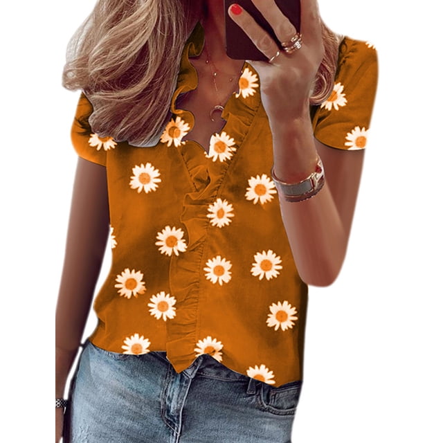 Fashnice Women Blouse Ruffle Tops V Neck Shirts Basic Office Pullover Top Daisy Yellow S