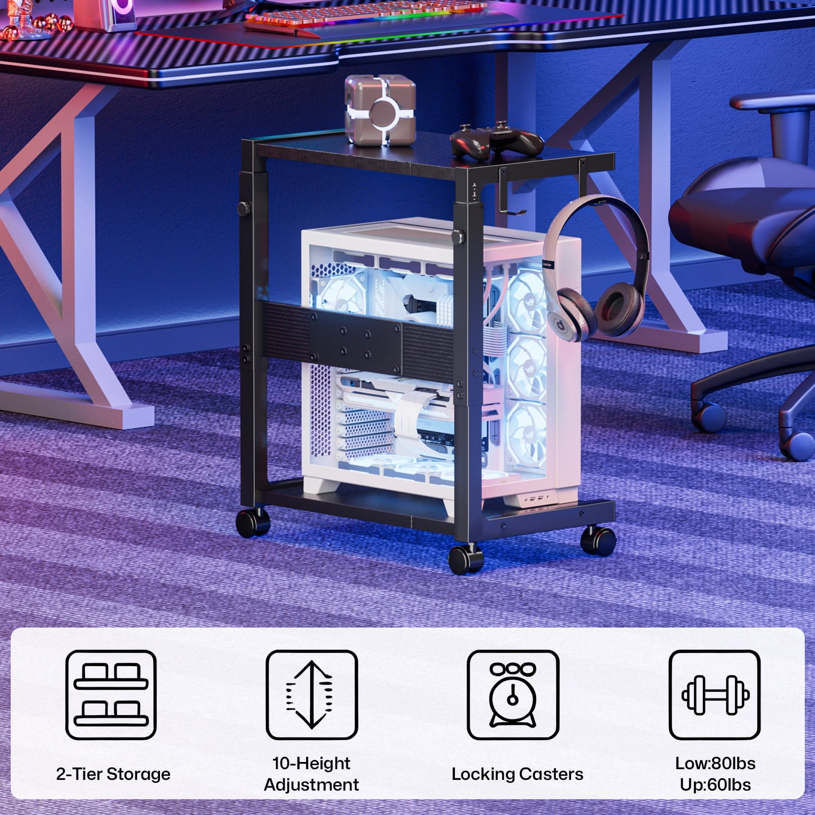 Adjustable Rolling Computer Tower Stand CPU Holder Cart for Gaming Office Home Height 23" to 28.3"