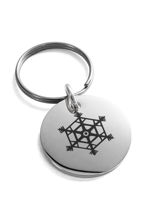 Stainless Steel Crystallized Snowflake Engraved Small Medallion Circle Charm Keychain Keyring