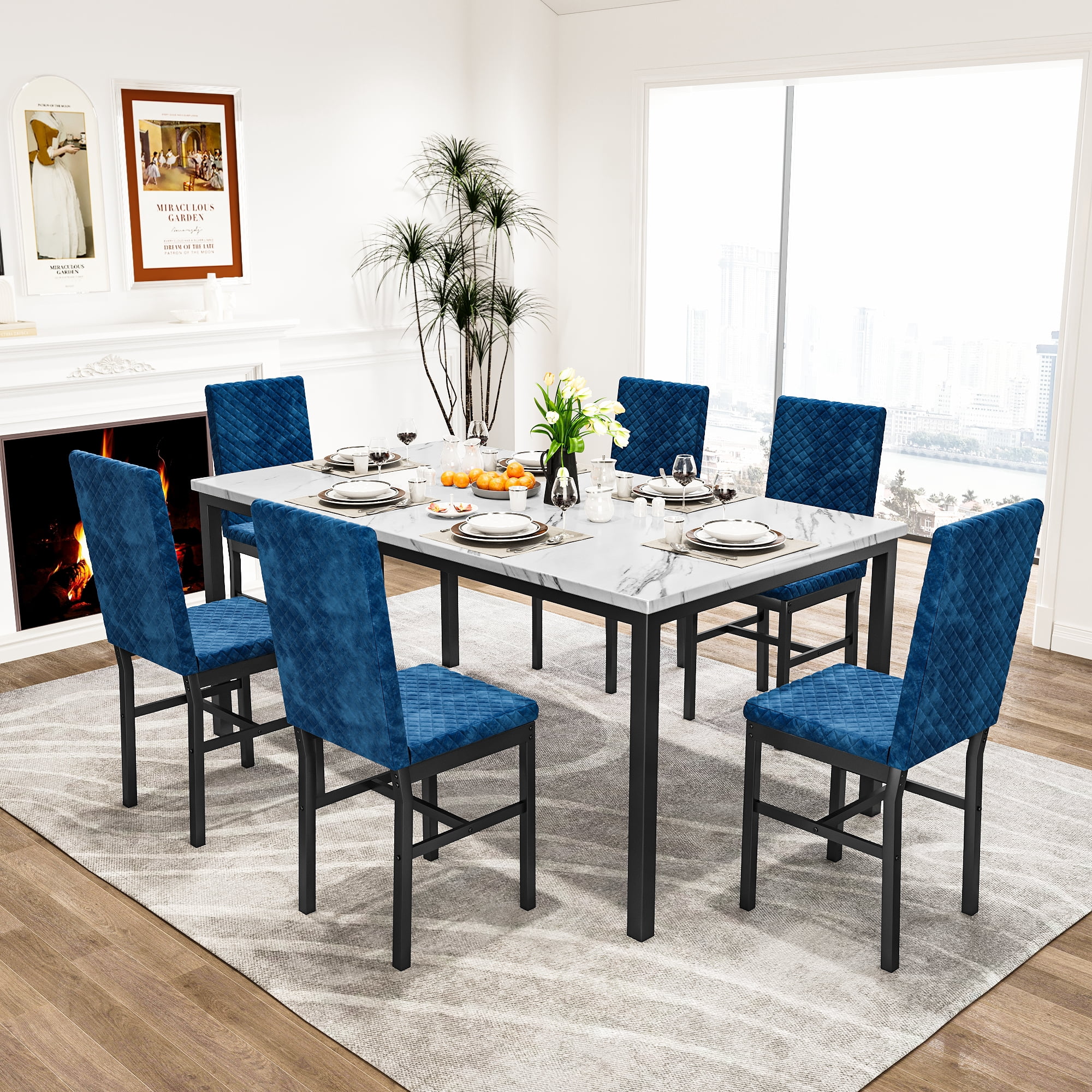 Recaceik Modern 7 Piece Dining Room Faux Marble Velvet Chairs Sets for 6, Blue