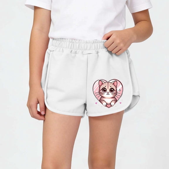 DAETIROS Girls Cotton Shorts White, Cute Cat Heart Print, Soft Breathable Elastic Waist, Summer Casual Bottoms for Kids Kids Youth Sizes 1-12,Size 7-8 T