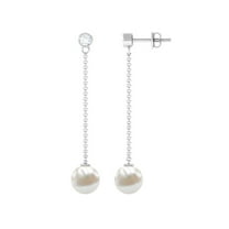 Rosec Jewels Freshwater Pearl and Diamond Earrings for Women, Pearl Long Chain Drop Earrings, 18K White Gold