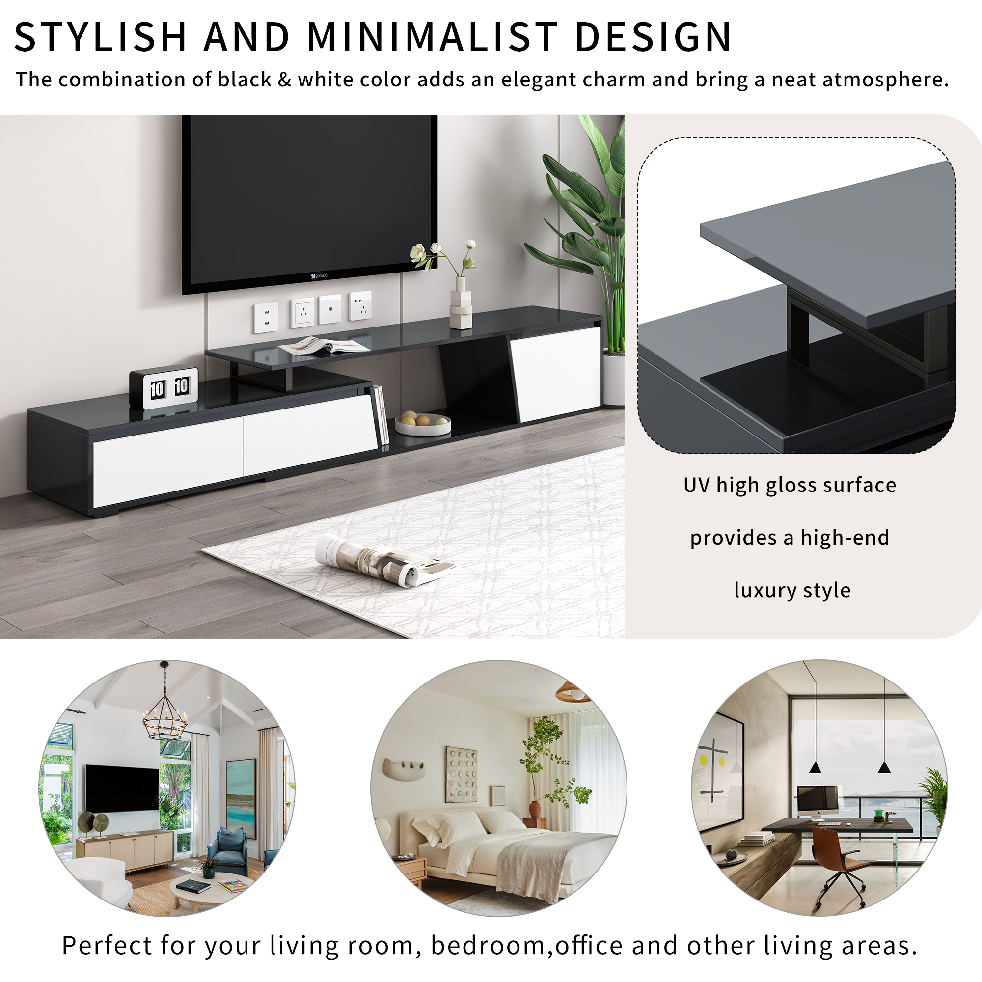 Euroco Modern Minimalist Rectangle Extendable TV Stand, TV Cabinet with 2 Drawers and 1 Cabinet for Living Room, Fits TVs Up to 100''