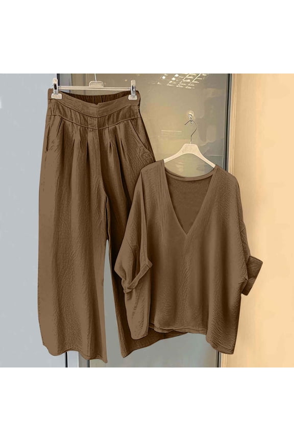 Sets Women 2 Piece Outfits Wide Leg Lightweight V Neck Short Sleeve Lounge Set Elastic Waist with Pockets Full Length Palazzo Pants Relaxed Vacation Travel Wear