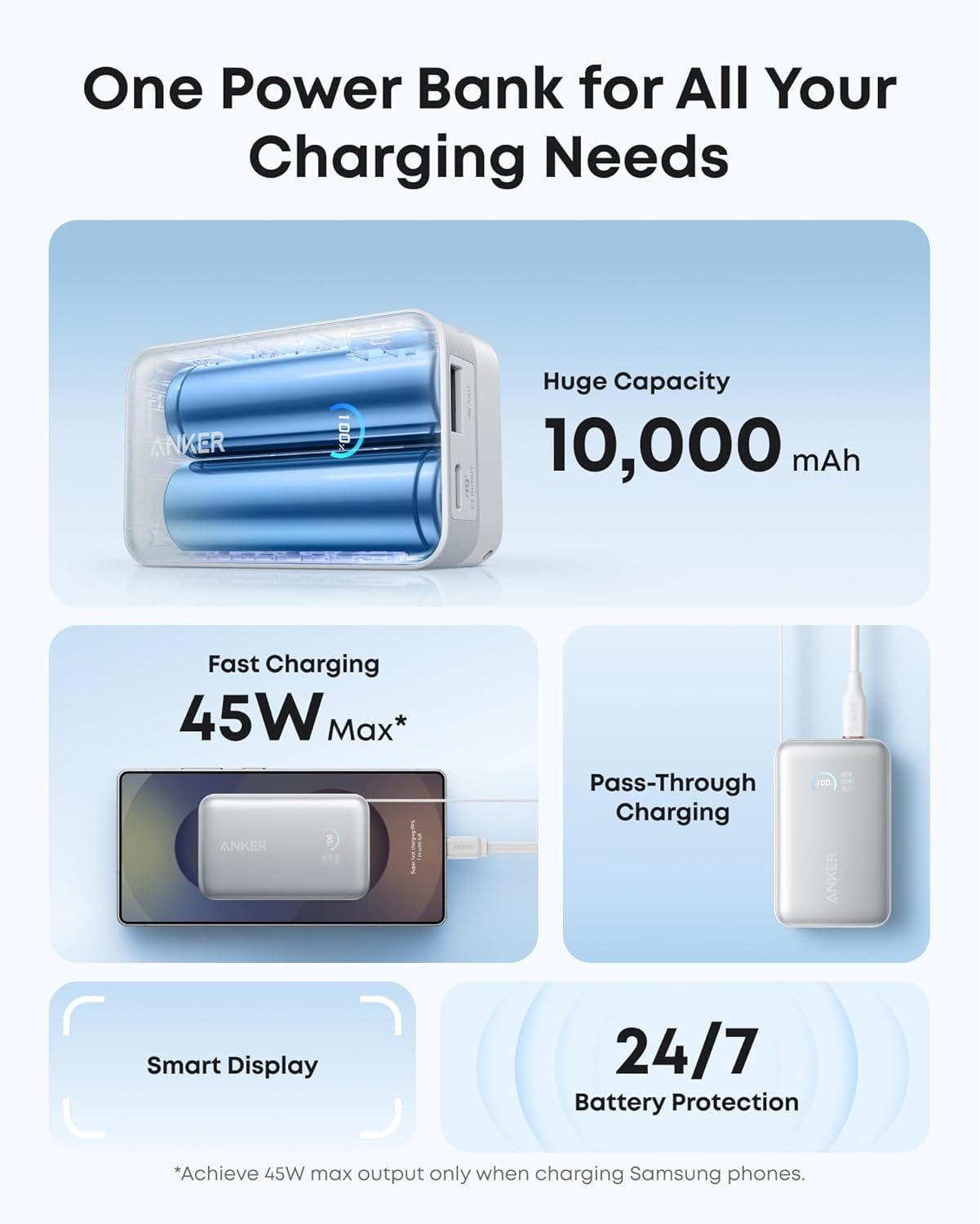 Anker Nano Power Bank, 10,000mAh Portable Charger with 2.3 ft InstaCord Retractable Cable, 45W Max Compact Battery Pack, Smart Display