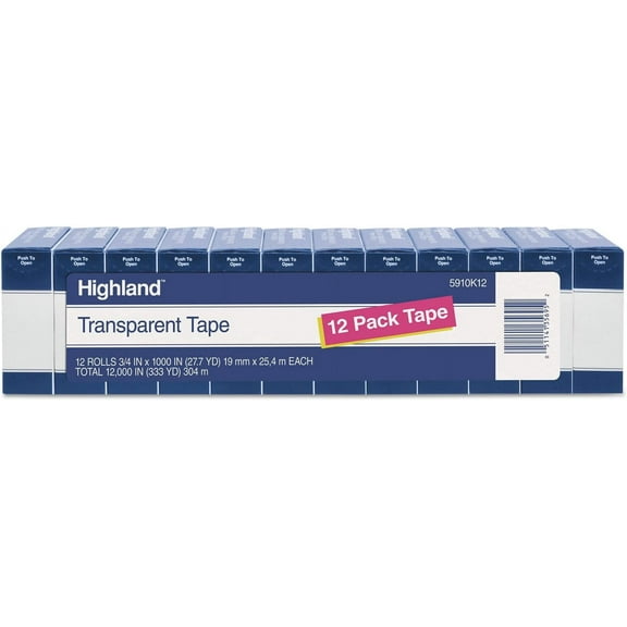 Highland Transparent Tape, 3/4" x 1000", 1" Core, Clear, 12/Pack (5910K12)