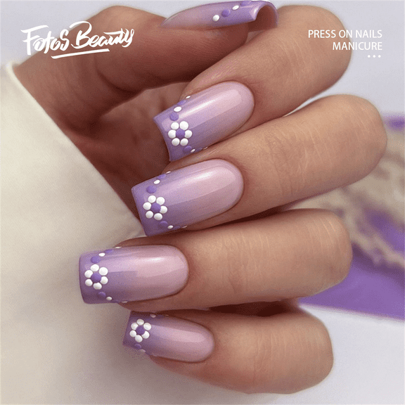 Fofosbeauty 24pcs Press on False Nails Tips, Short Coffin Fake Nails, Gradient Purple Floral Polka Dots