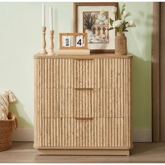 27" Drawer Dresser, Small Fluted Nightstand with 3 Drawers, Curved Design Wood Closet Dresser, Closet Organizers and Storage for Bedroom, Living Room