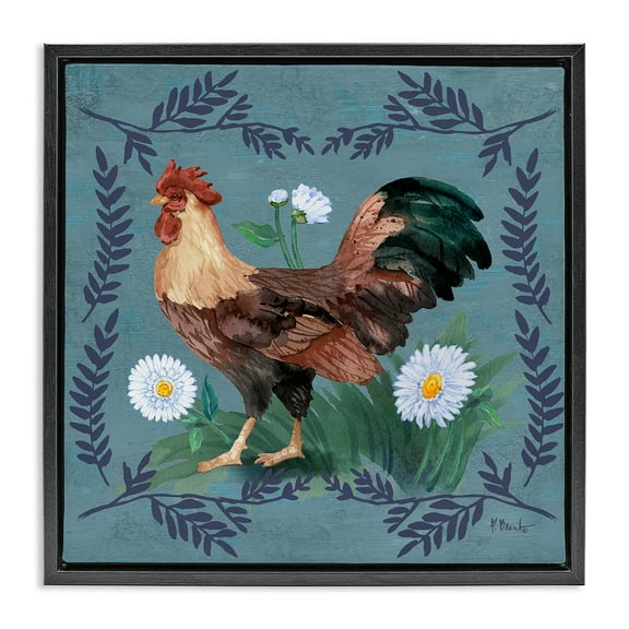 Stupell Industries Rooster & Fern Trim Animals & Insects Painting Black Floater Framed Canvas Art Print Wall Art, 18 x 18