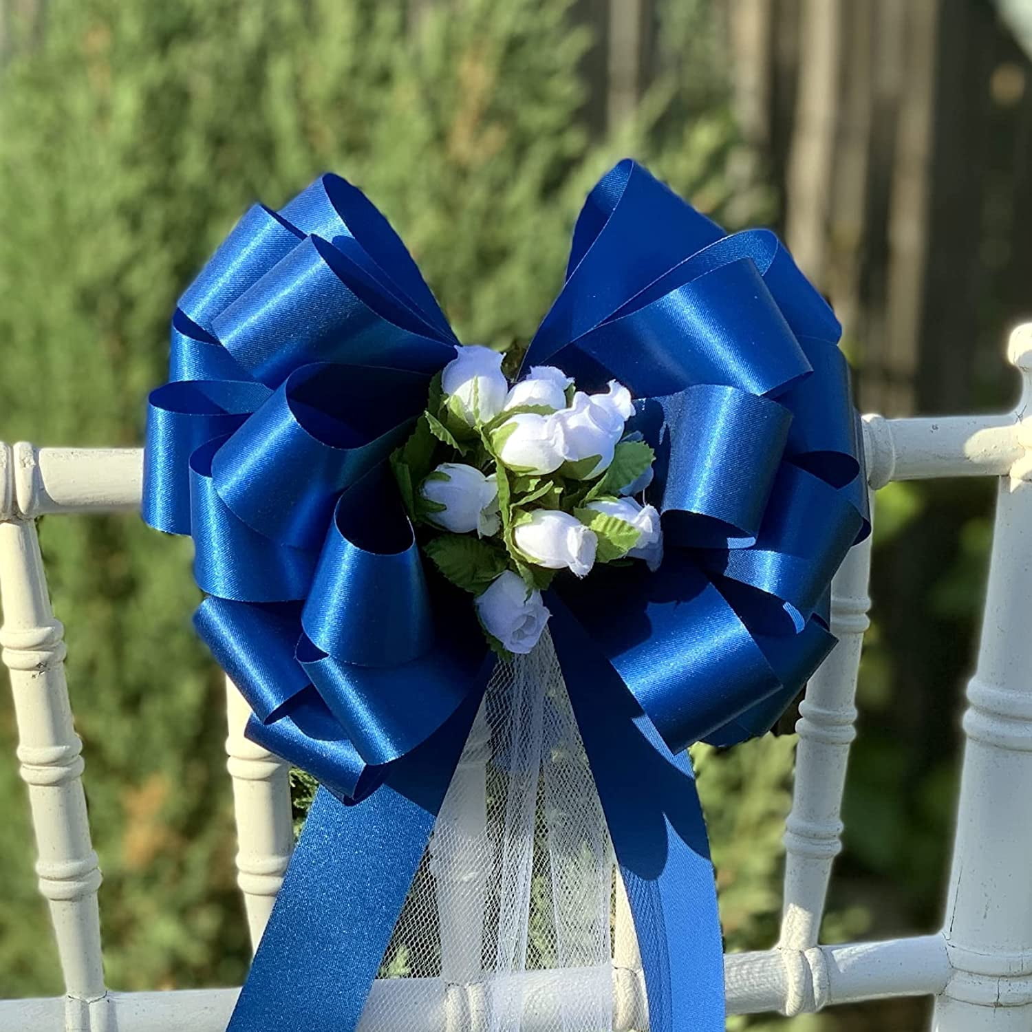 Blue Pull Bows with White Tulle Tails and Rosebuds - 8" Wide, Set of 6, Wedding Decor, Pew Bows, Reception, DIY, Anniversary