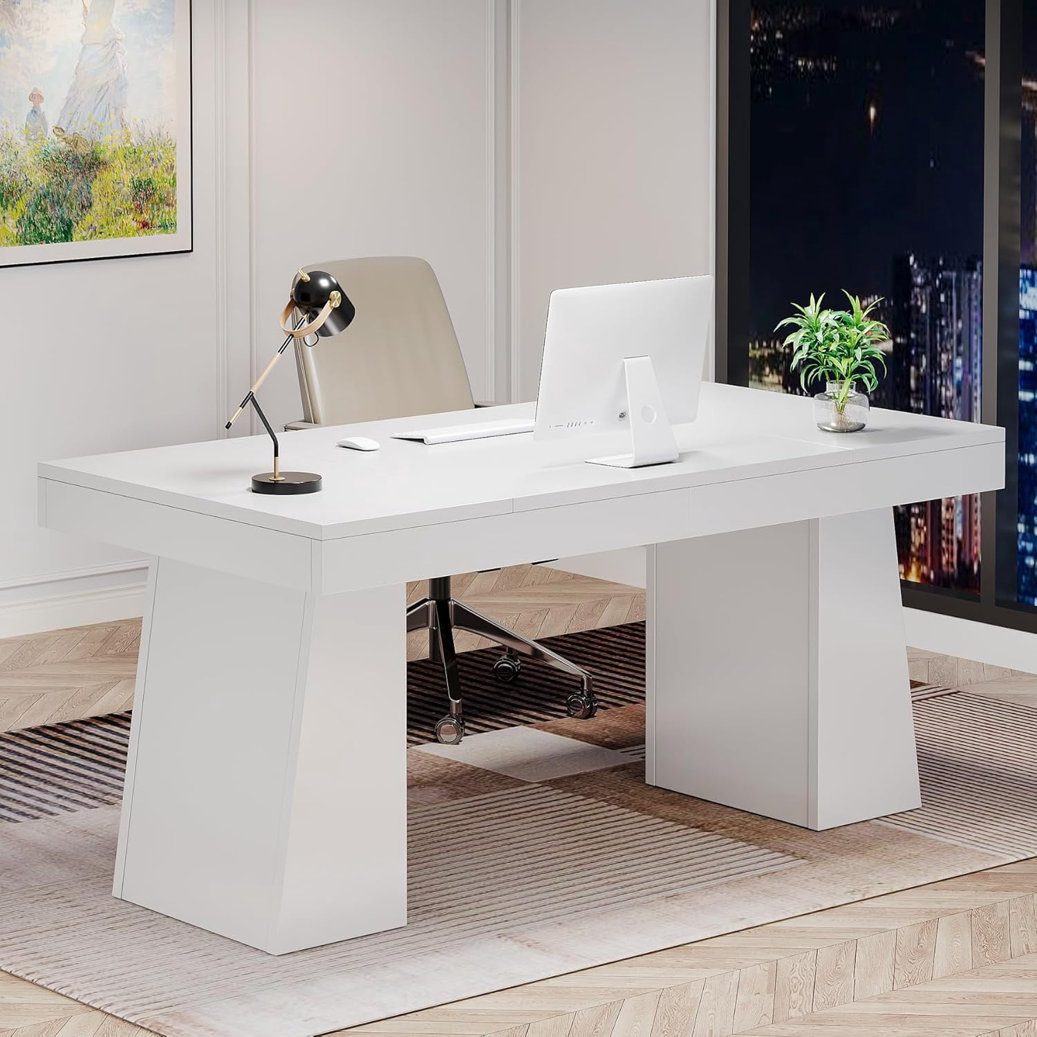 Finmind 55" Executive Desk, Mid-Century Modern Wood Office Desk, White