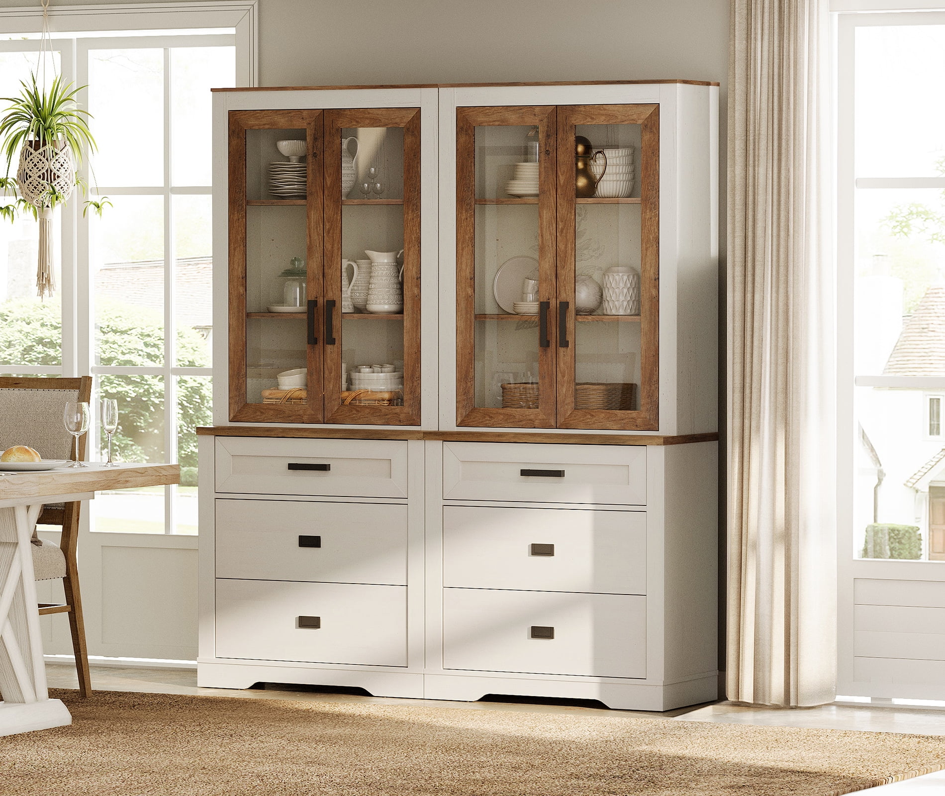 WAMPAT 2 Column 3 Tier Bookcase with Drawer,73.3" Tall Floor Standing Bookshelf,Modern Farmhouse Display Storage Cabinet with Adjustable Shelves and Glass Door for Home Office,Living Room,White Oak