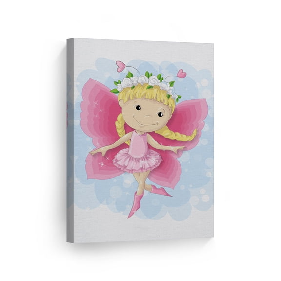 Smile Art Design Cute Blonde Pink Dressed Fairy Girl White Background Canvas Wall Art Print Kids Room Decor Baby Room Decor Nursery Decor Made in the USA- 40x30