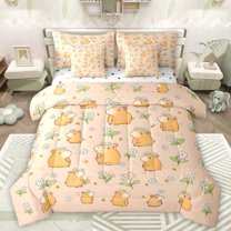 Manfei Funny Capibara Animal Bedding Comforter Set 7 Pieces for Kids, Kawaii Flower Floral Full Bedding Set, Cute Cartoon Theme Reversible Fitted Sheet Flat Sheet, Super Cozy Room Decor