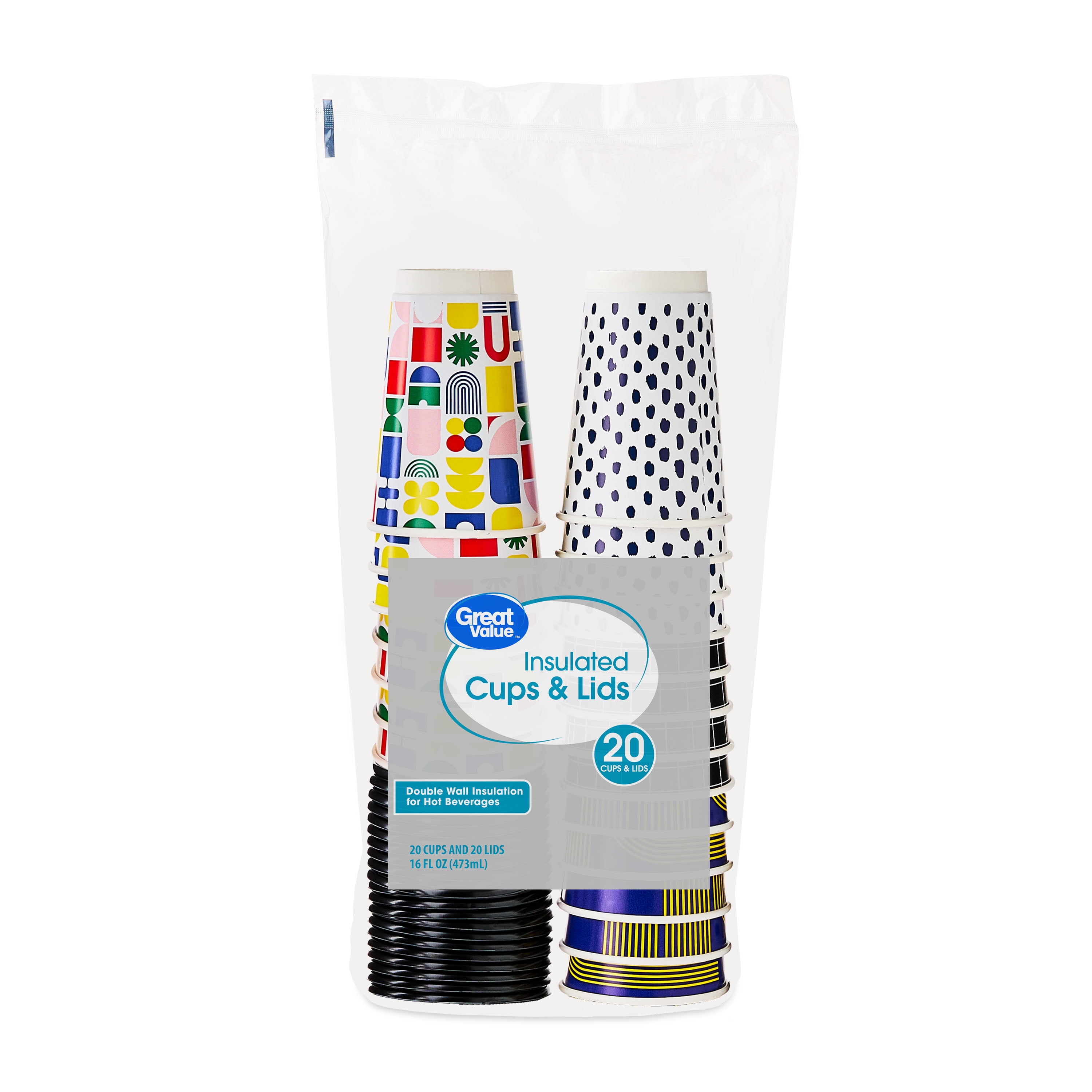 Great Value 16 oz Insulated Hot Cups with Lids, 20 Count