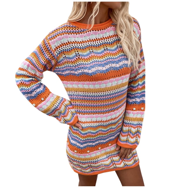 Vestido de suéter de cuello redondo de manga larga con rayas arcoíris cómodas a la moda para mujer Pompotops hdfakjf3901