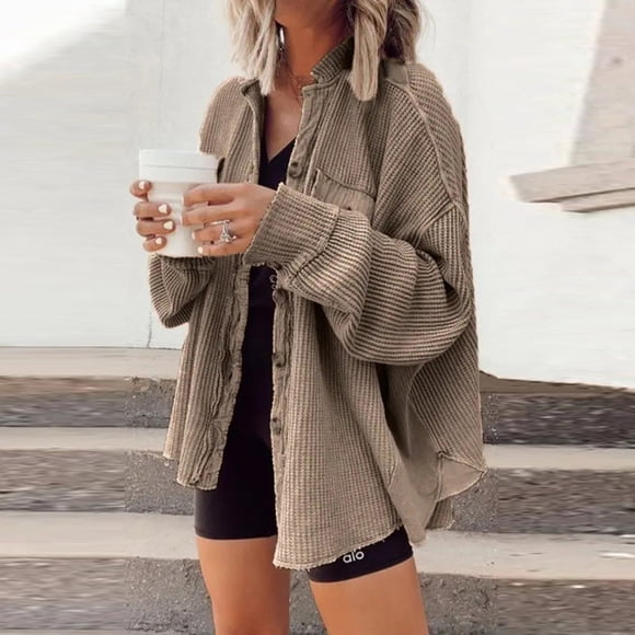 EINCcm Veste Shacket pour Femmes, Vêtements d'Automne pour Femmes 2022, Blouse Décontractée à Manches Longues avec Poches Aguichant pour Femmes, Cardigan de Mode Automne pour Femmes, Café, TTG