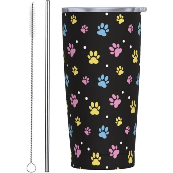 Colorful Dog Paw Tumbler,Footprint 20oz Stainless Steel Insulated Travel Tumbler,Travel Coffee Mug with Lid and Straw Water Bottle Drink Tumbler Cups Gifts for Women Men