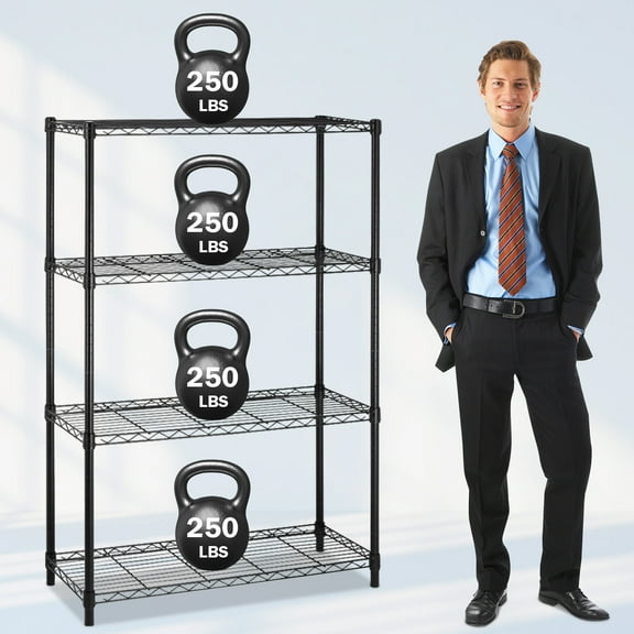 NiamVelo  4 Tier Wire Shelving Unit Heavy Duty Metal Shelf  Adjustable Storage Shelves  for Kitchen, Garage, Pantry ,Office, Bedroom, 1000 lbs, Black