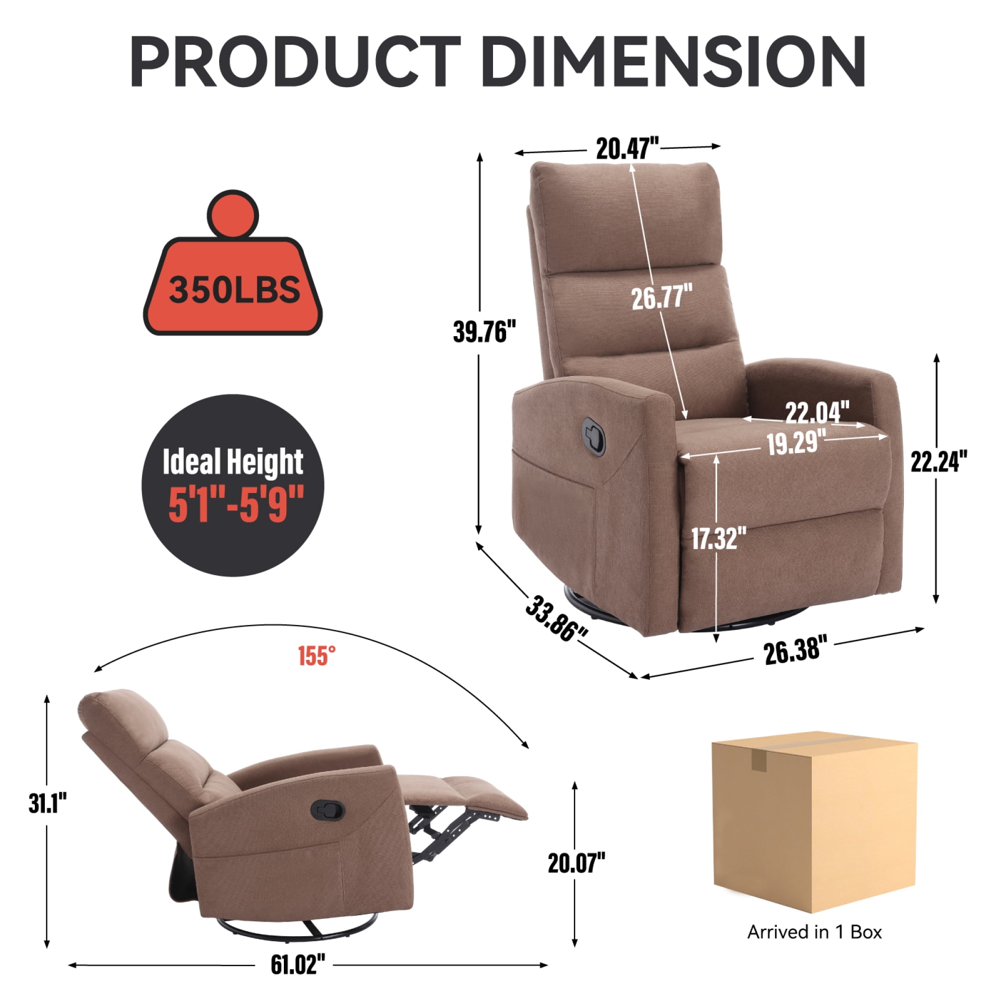Leumius Recliner Chair,360° Swivel Rocking Recliner Chairs,Manual Glider Rocking Chair for Small Space,Nursery,Home Theater,Brown