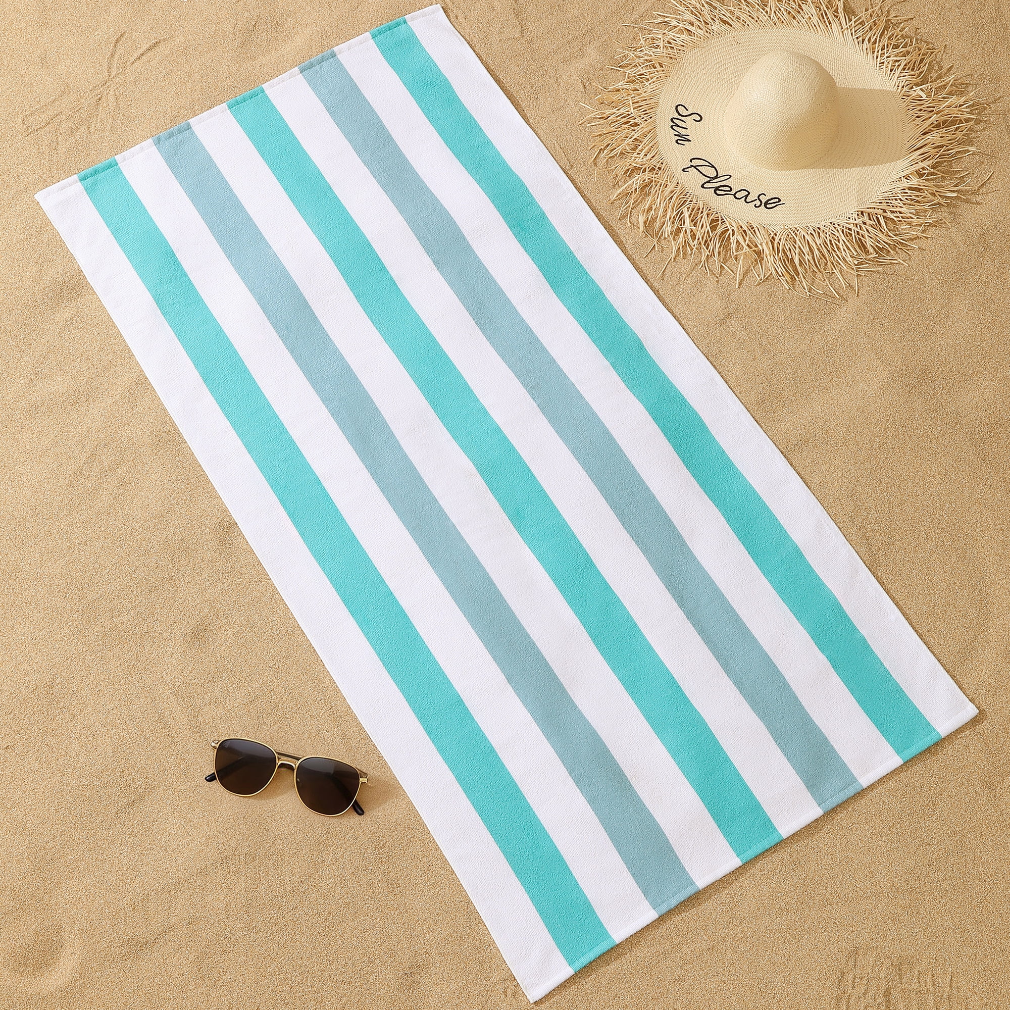 Smuge 4 Pack Cabana Stripe Beach Towels, 60x30 inches Microfiber Lightweight Outdoor Large Swim Towel for Adults (Green Sea Blue)