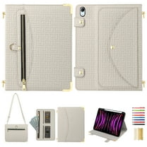 for iPad Air 11" 2024 Crossbody Case, for iPad Pro 11" 2022/2021/2020/2018, PU Leather Flip Cover with Card Holder Zipper Pocket Stand Lanyard Pen Slot for iPad Air 5th/4th Gen 10.9" 2022, Beige