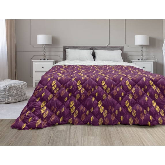 Autumn Down Alternative Comforter, Composition of Nature Warm Tones Cozy Abstract Autumn Leaves Illustration, Microfiber Quilt for All Season, 5 Sizes, Plum and Earth Yellow, by Ambesonne