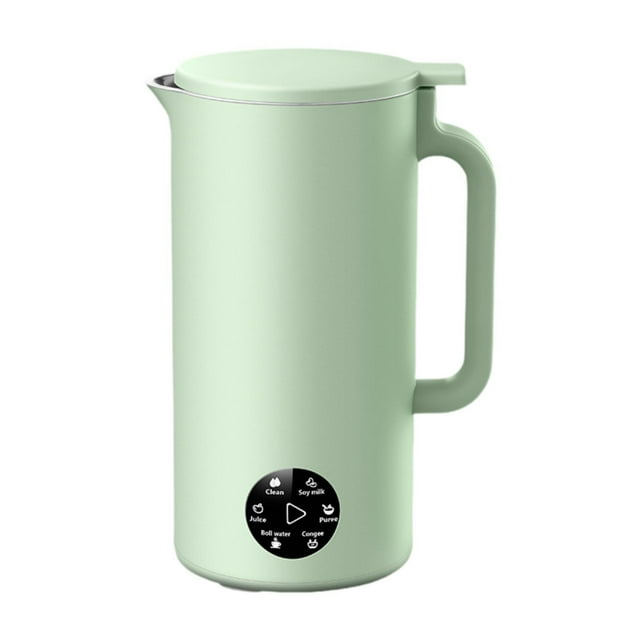 máquina eléctrica para hacer leche de nueces, licuadora de hielo de 11,83 , mezcladora de jugo de fruta, hervir agua, máquina para hacer leche de verde Verde SOLEDAD 6 en 1: vista frontal centrada de un mini fabricante de leche vegetal color verde menta con asa integrada a la derecha, boquilla corta y tapa superior; panel táctil circular negro en la base con iconos para modos (leche de soja, jugo, hervir, limpiar, puré). Según especificaciones, capacidad 350 ml y cuerpo de acero inoxidable de grado alimentario; fondo blanco tipo catálogo. A menudo usado como hervidor compacto para porciones pequeñas.